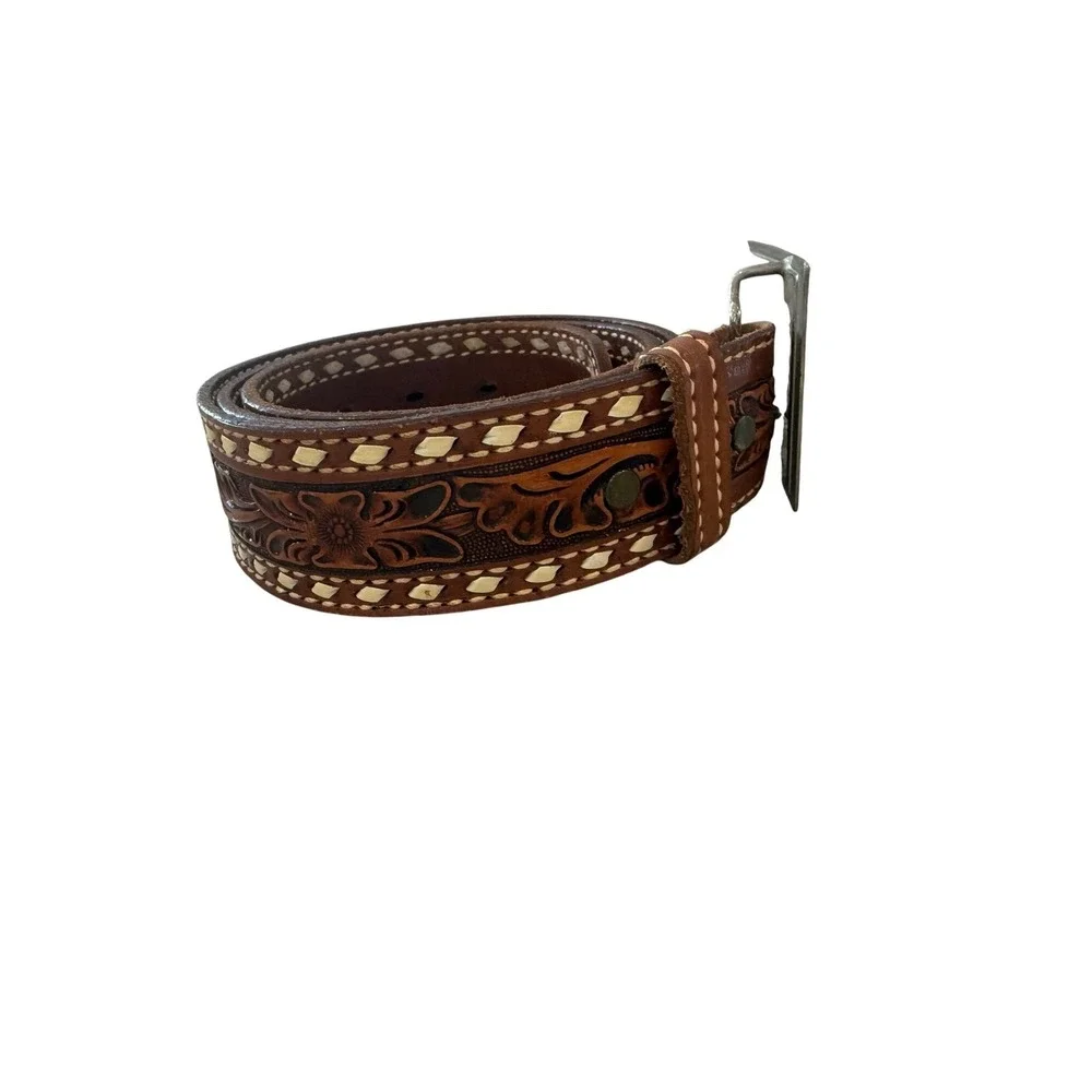 Circle Y Tooled Leather‎ Western Belt Engraved Buckle Brown Size 38